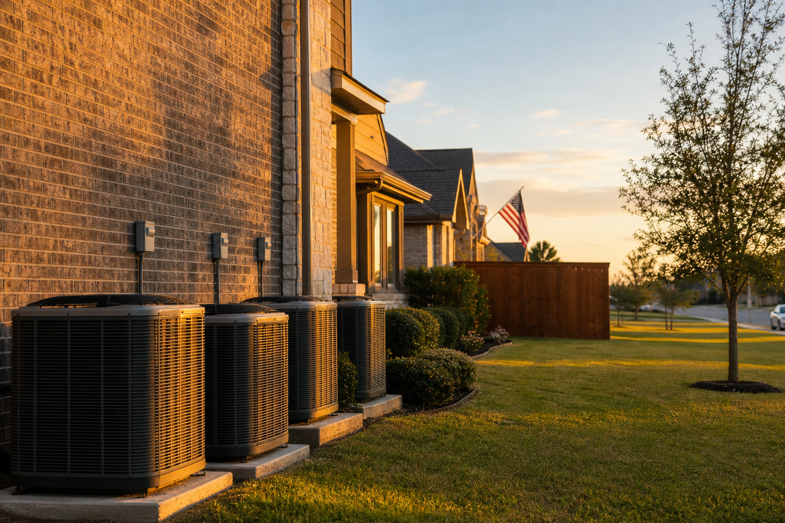 A row of residential AC units along the brick wall of a Texas home in golden light