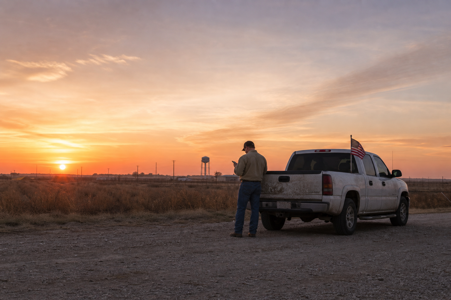An HVAC owner standing by his pickup truck at sunset, water tower in the distance