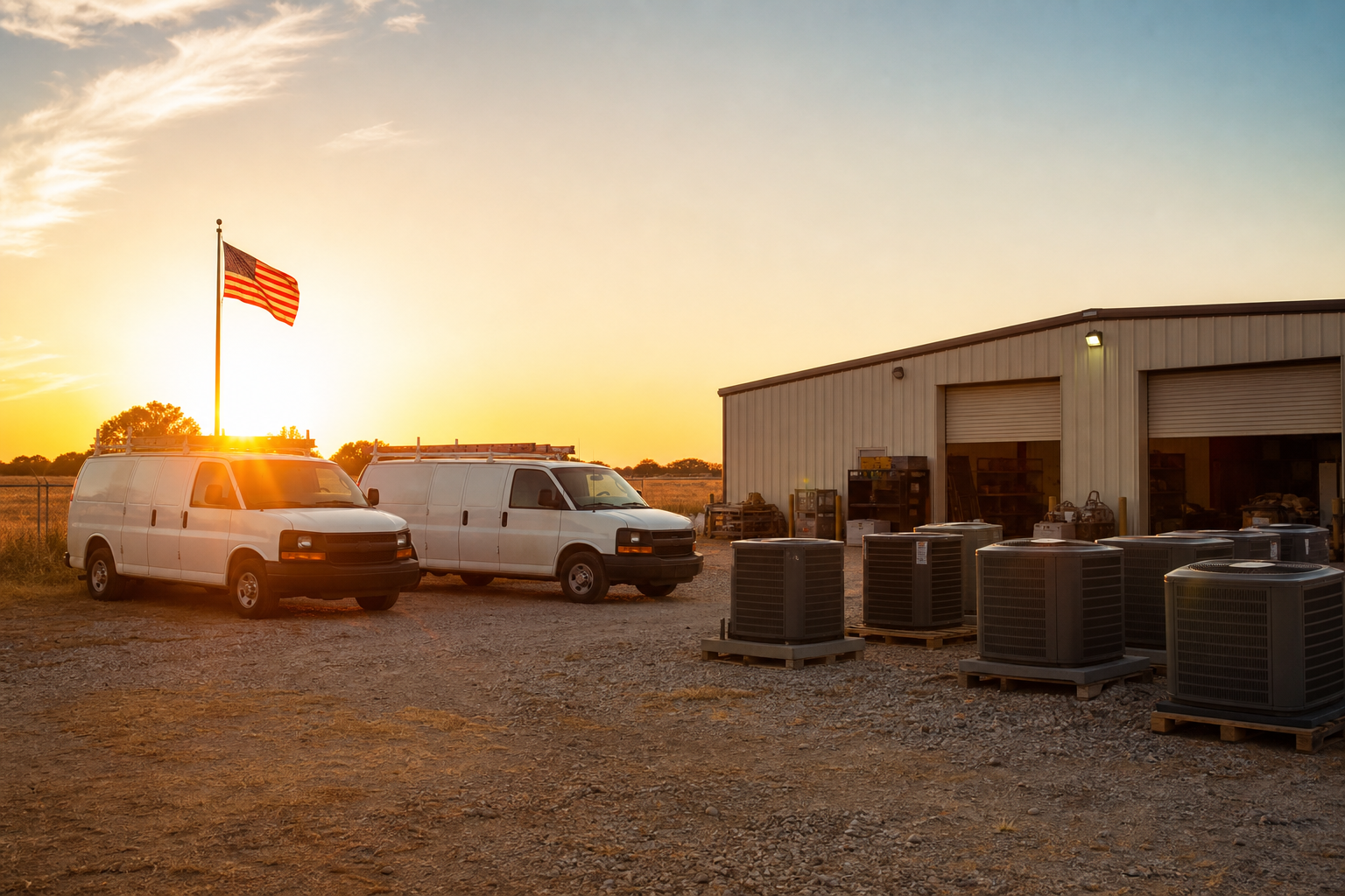 Two HVAC service vans at a Texas shop yard at sunset, US flag flying, AC condensers lined up alongside