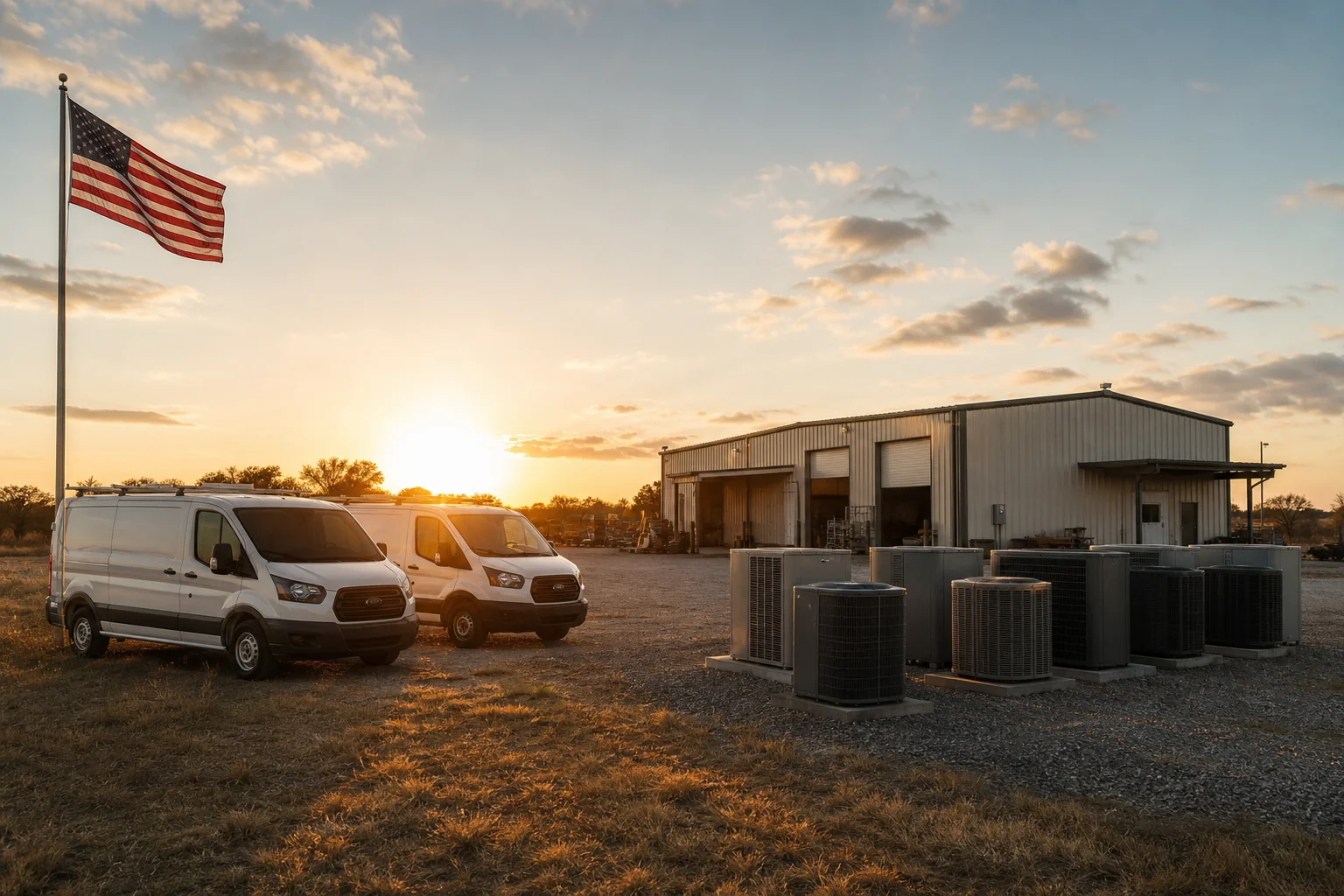 HVAC shop yard at sunset with service vans, US flag, and outdoor AC units
