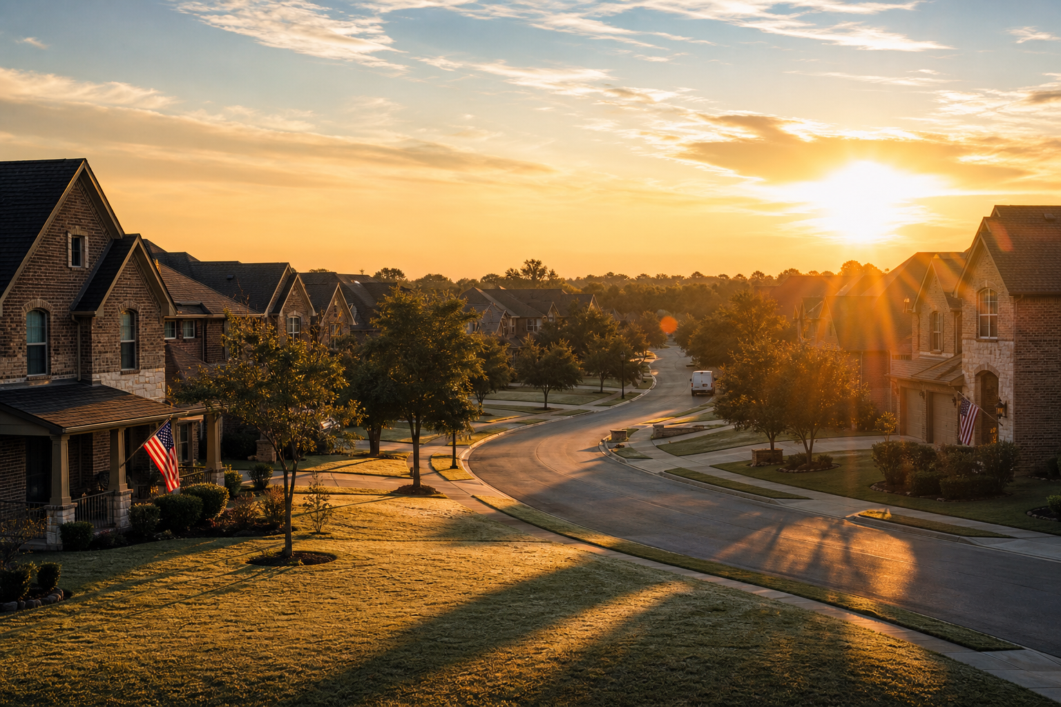 A Texas suburban street at sunset with long shadows and brick homes