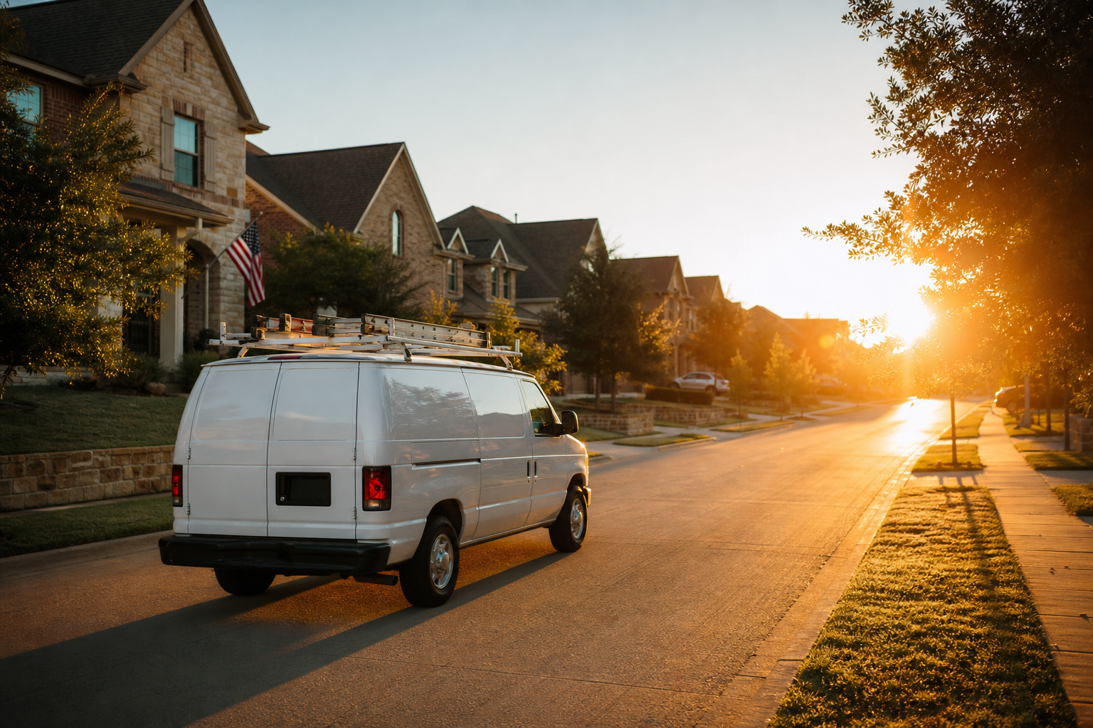A white HVAC service van driving down a brick suburb street at golden hour