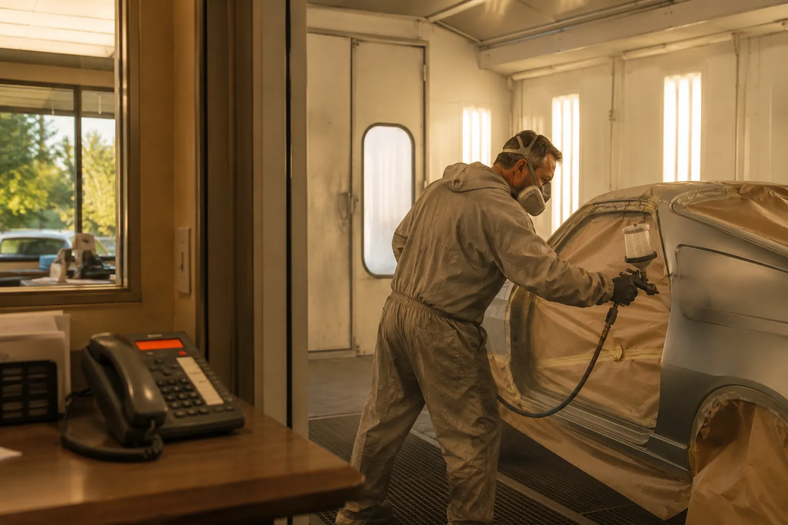 A one-owner body shop painter in a respirator and spray suit under a car on a lift while the front-desk phone rings unanswered