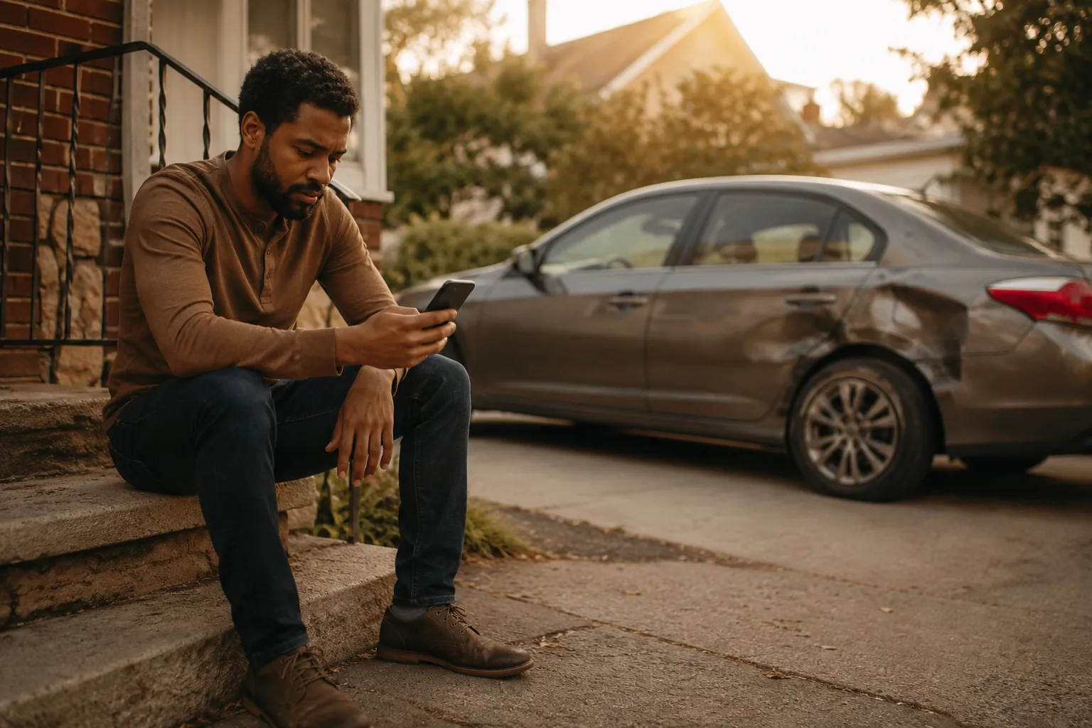 A collision repair customer staring at a silent phone, waiting for a body shop callback that never comes