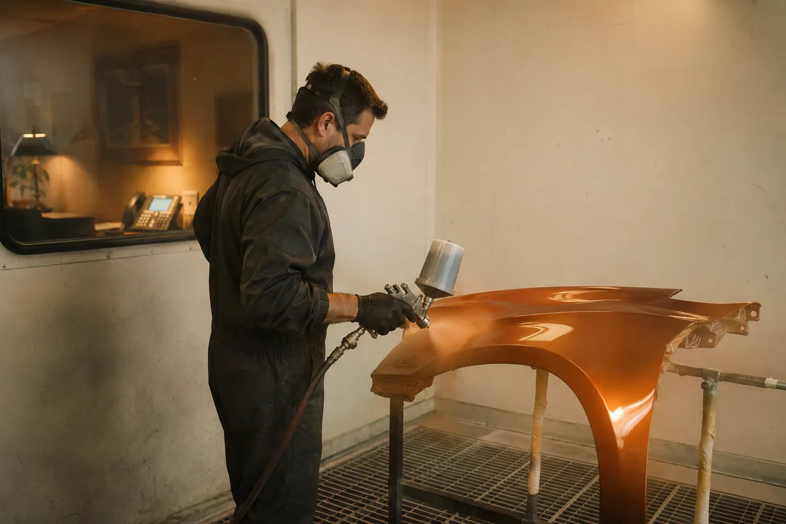 A body shop tech in the paint booth, masked and spraying a panel, with the front-desk phone ringing unanswered