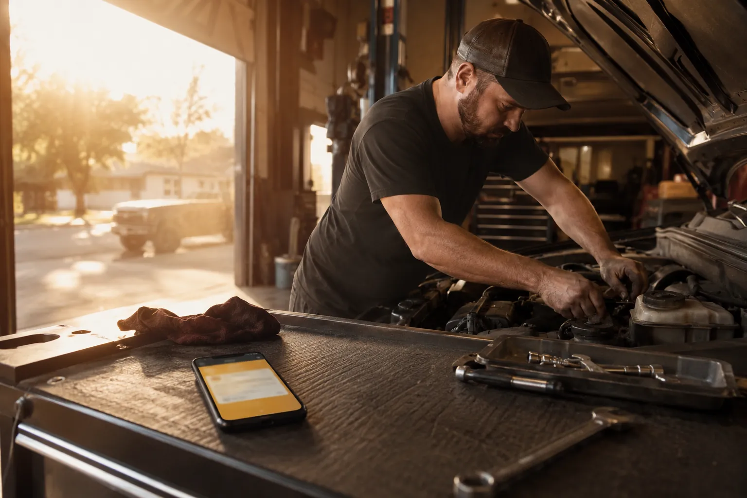 A mechanic at the bay with hands on a car while a customer's booking request waits on a phone, needing a human to qualify it before a slot is set