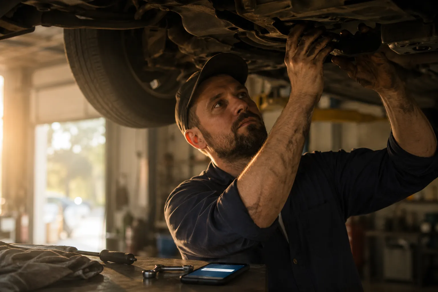 A mechanic with grease on both hands working under a lifted car while a phone lights up with a new customer text