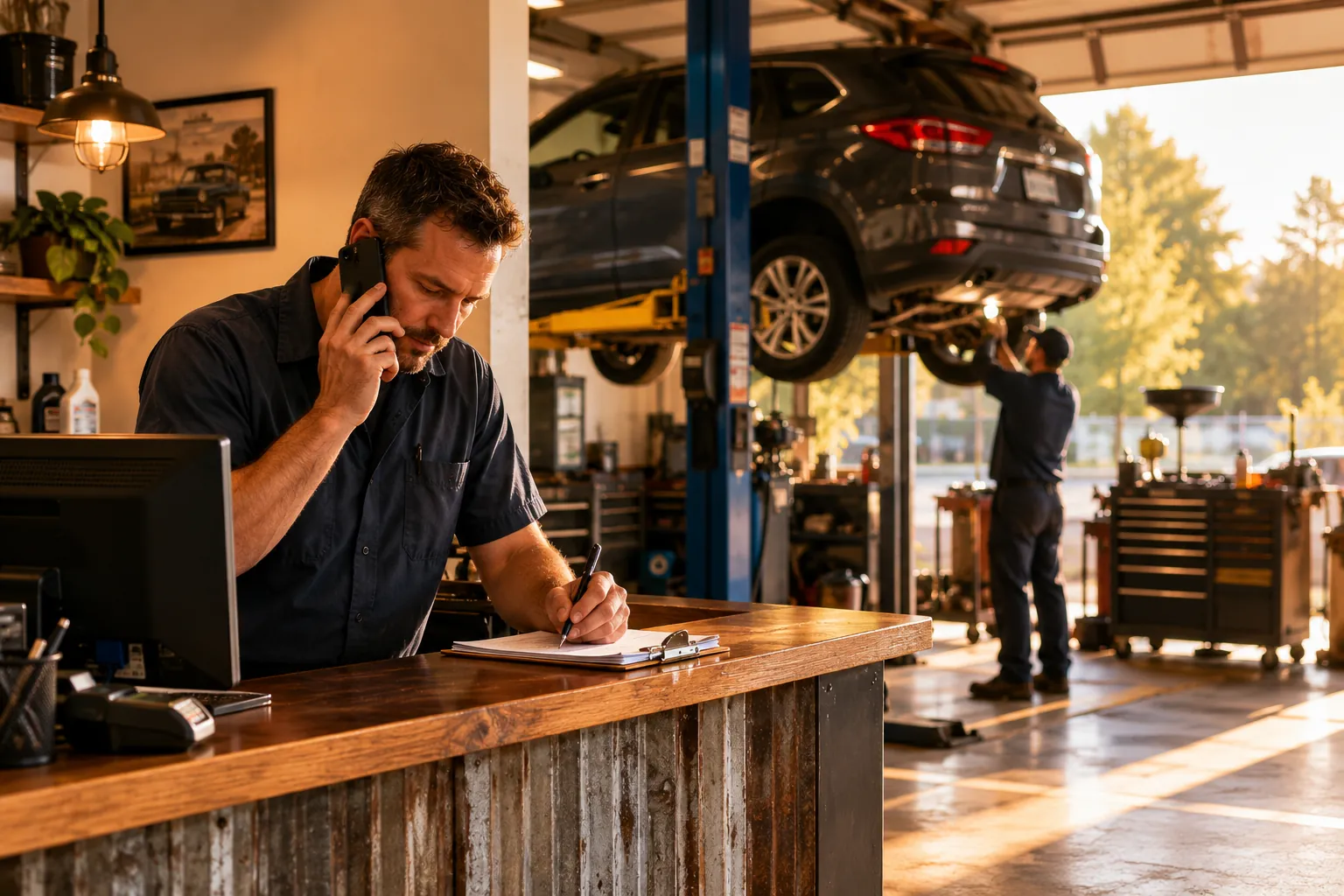 An auto repair shop owner taking a phone call at the service counter while a car waits on a bay lift behind him
