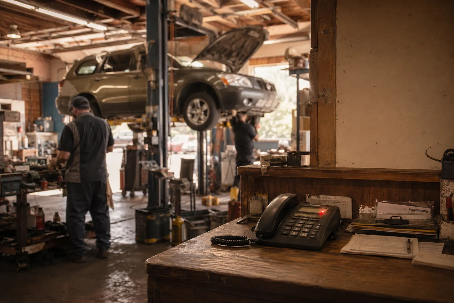 A busy auto repair bay with a car on a lift while the front-desk phone keeps ringing with status-check calls