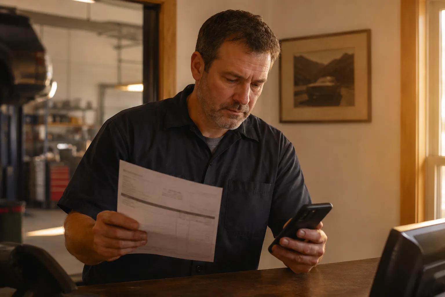An auto shop owner at a counter weighing a Yelp ad invoice against a phone showing a missed call from a referral customer