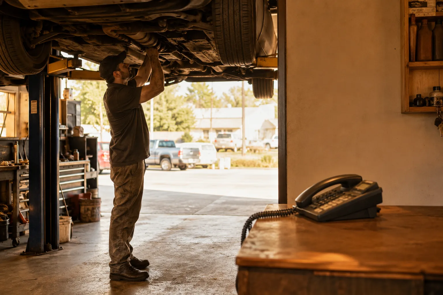 A mechanic under a car on a lift with greasy hands while the shop phone rings unanswered at the front desk