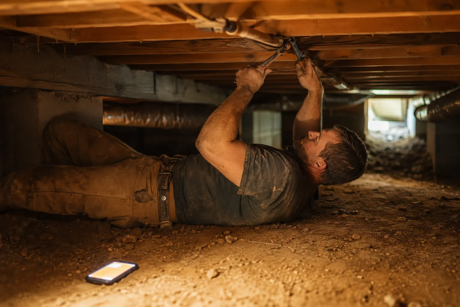 A general contractor on his back under a crawl space, hands full, with a phone on the dirt lighting up with a missed call
