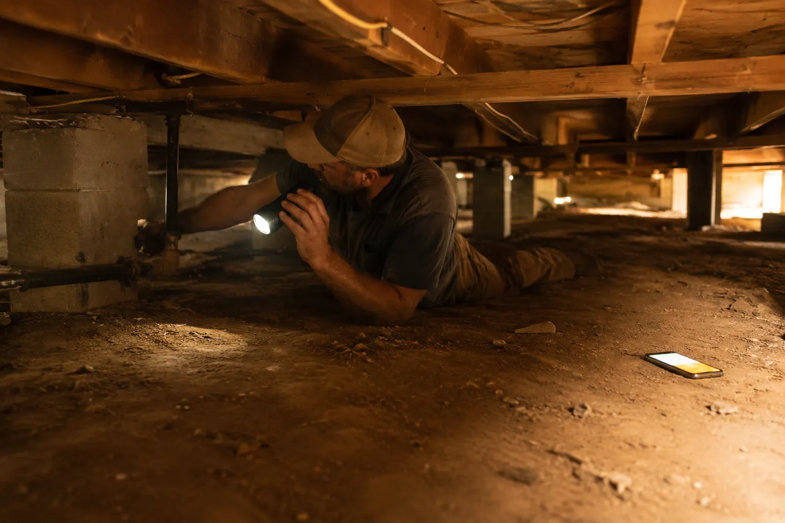 A general contractor wedged under a crawl space with a flashlight, his phone glowing on the dirt beside him as a new lead arrives