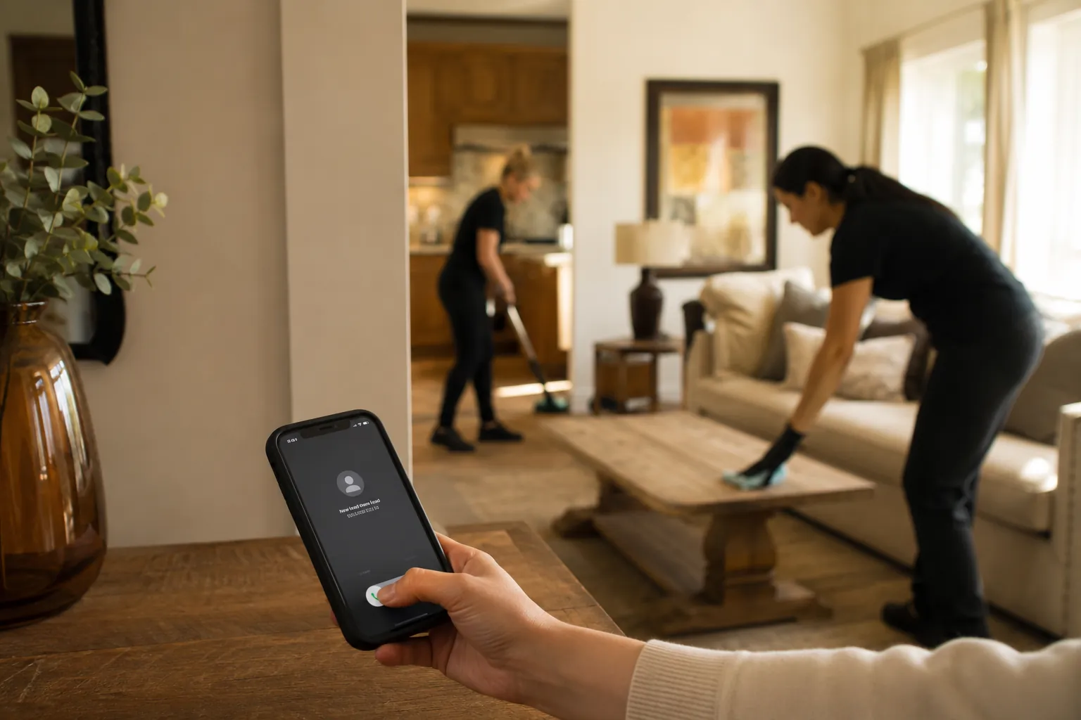 A cleaning crew at work in a home while a phone shows a new lead being answered for them