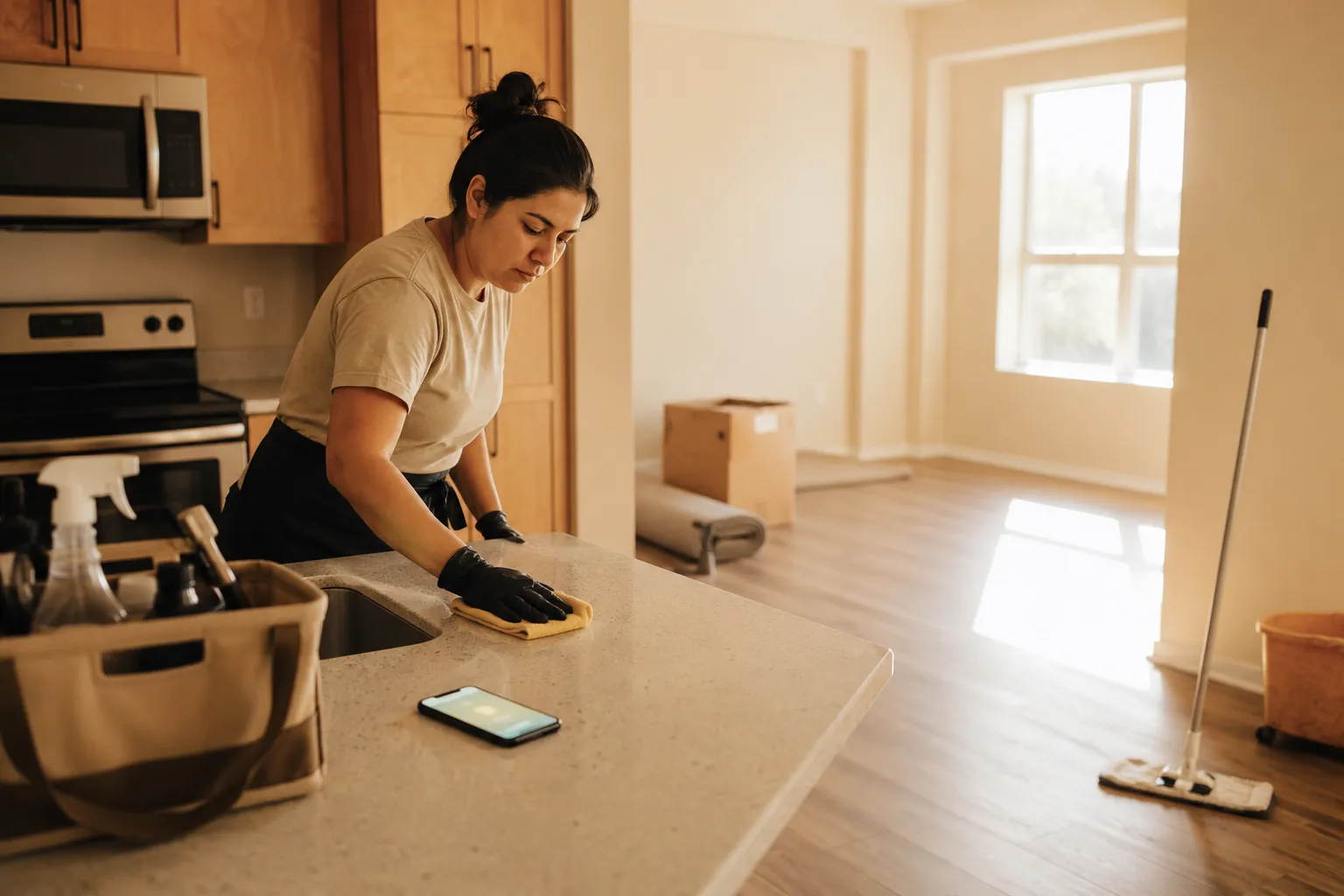 A cleaner mid-job in an empty apartment on move-out day while a phone on the counter shows a new turnover lead waiting for a reply