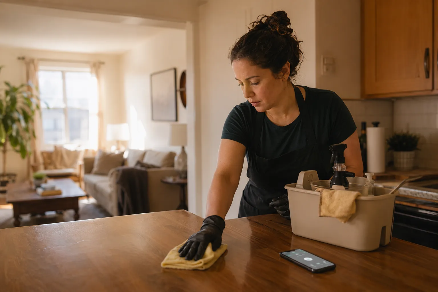 A solo cleaning-business owner mid-job while a phone shows a new lead being answered for her