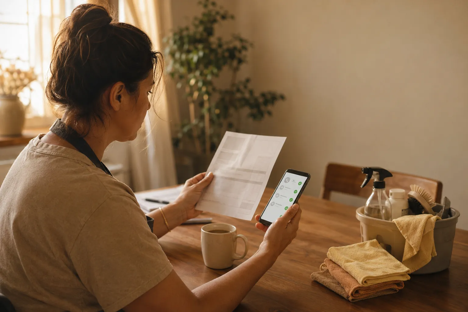 A house cleaning owner weighing a paid-lead invoice against their own phone showing new leads answered for them