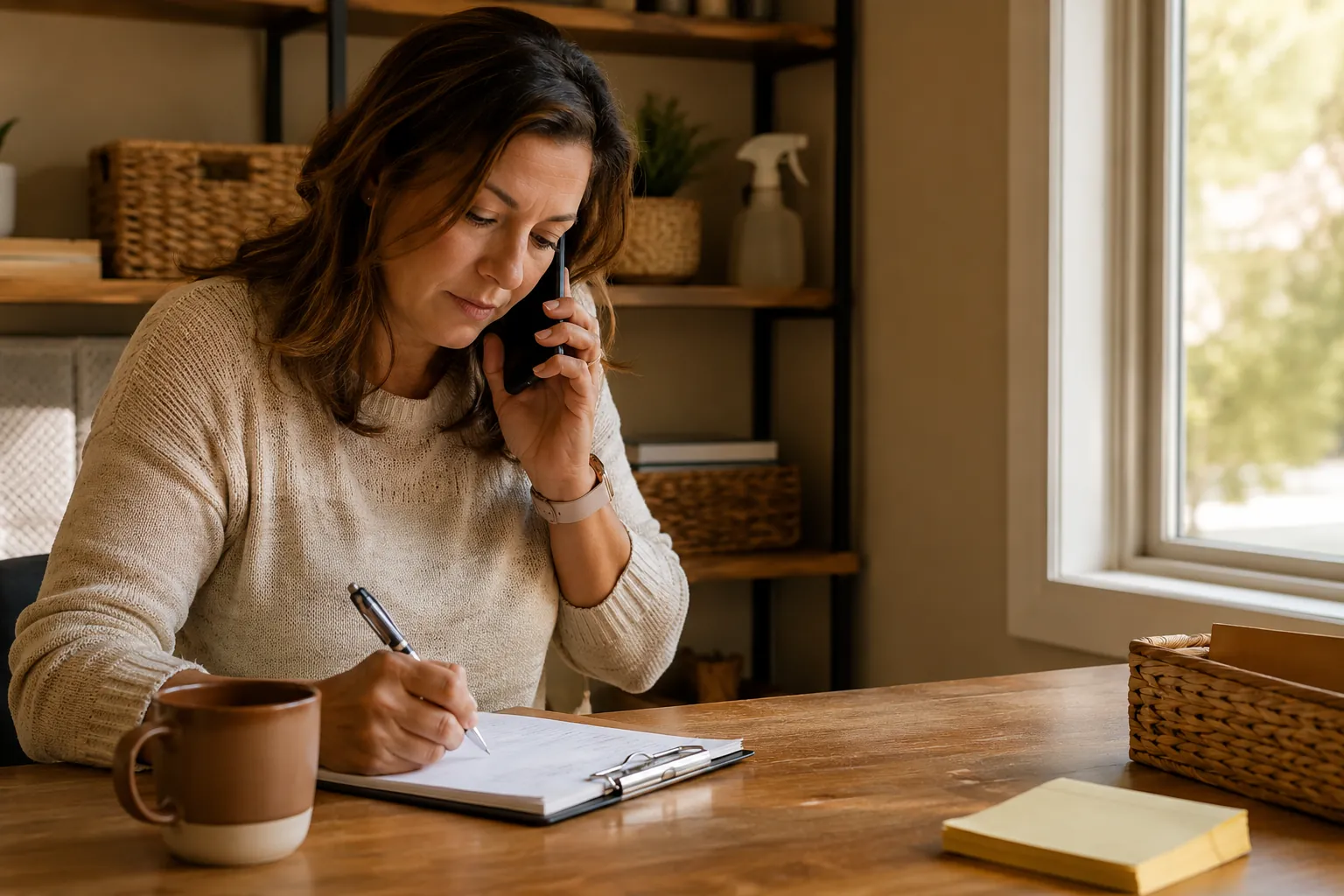 A house cleaning owner on the phone with a new caller, jotting down job details before booking a walkthrough