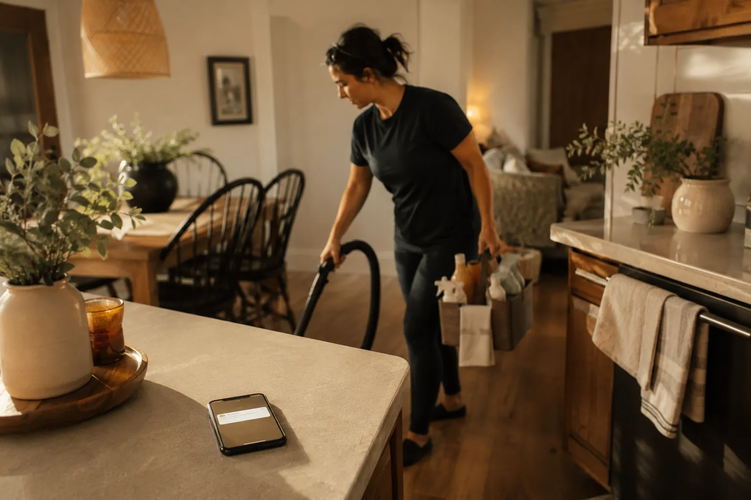 A house cleaner mid-job with a vacuum and caddy while a phone on the counter shows a new booking request