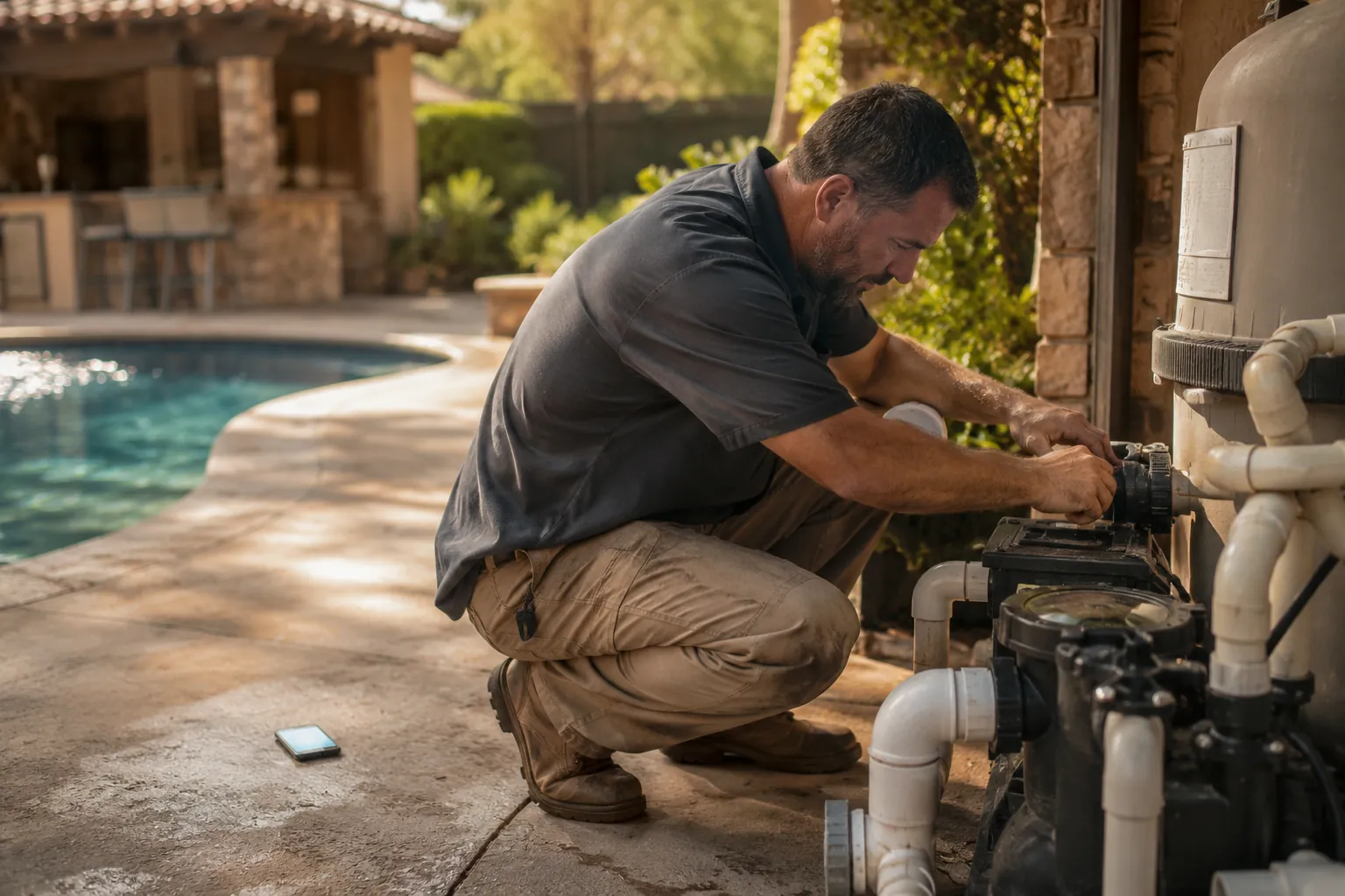 A pool service tech kneeling at a pump with both hands busy while a phone on the deck shows an incoming text lead