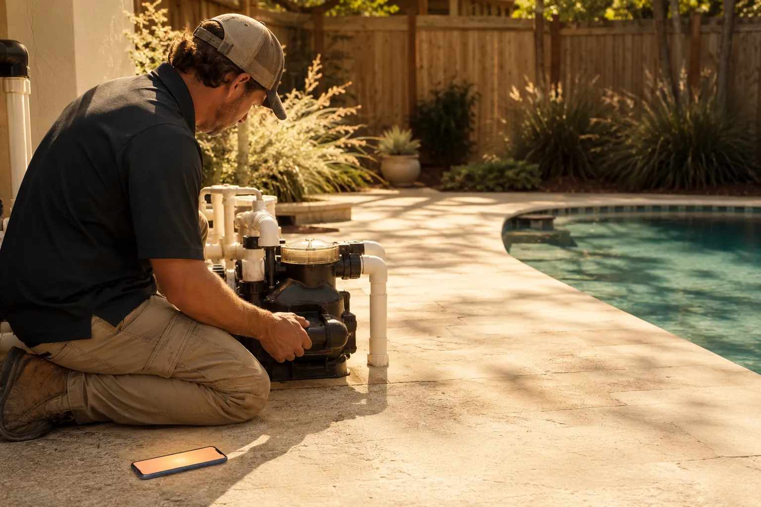 A pool tech kneeling by a pump on a backyard route, phone face-up on the deck as a new lead comes in