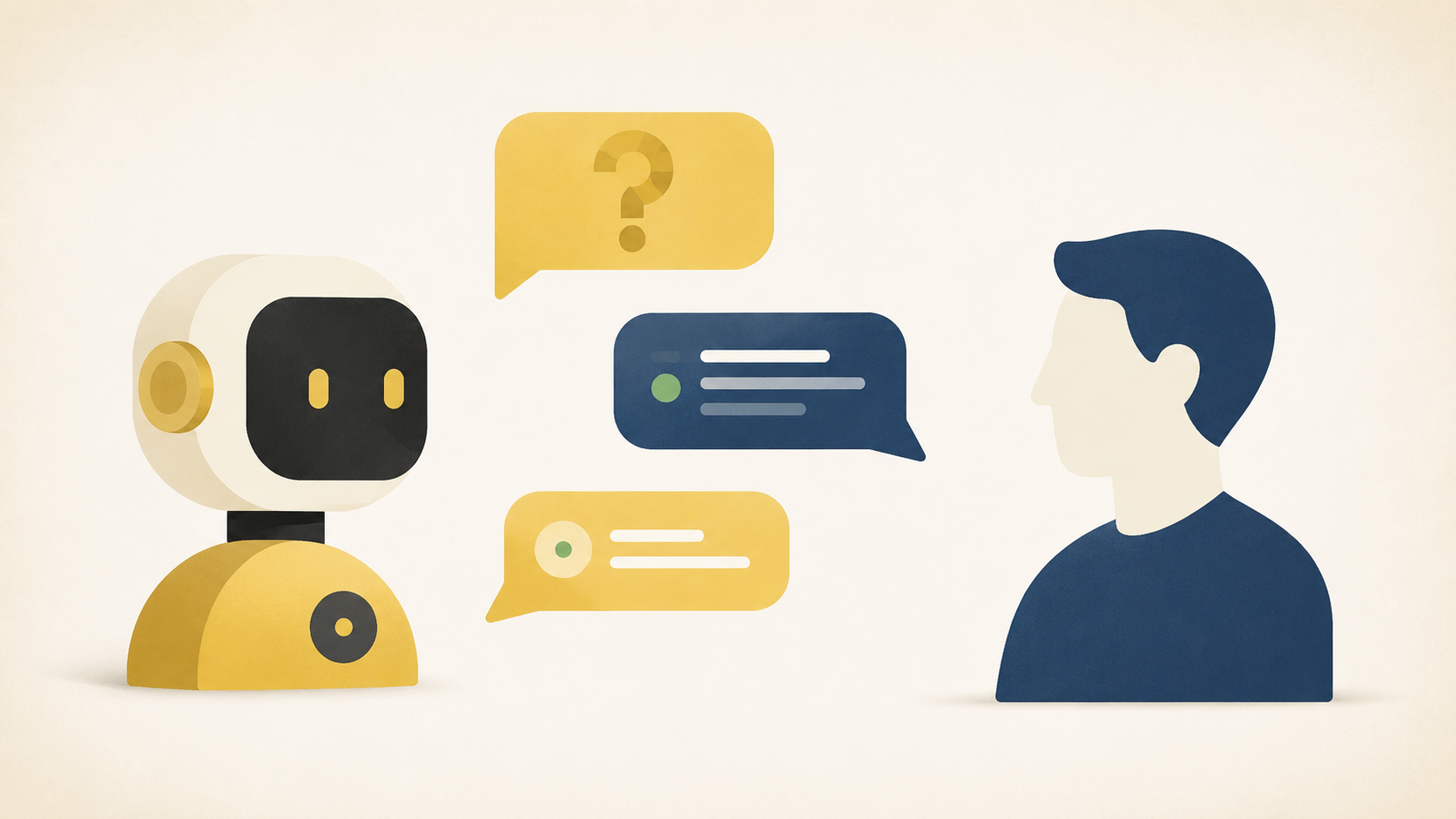 A small AI character on the left trading speech bubbles with a human silhouette on the right.